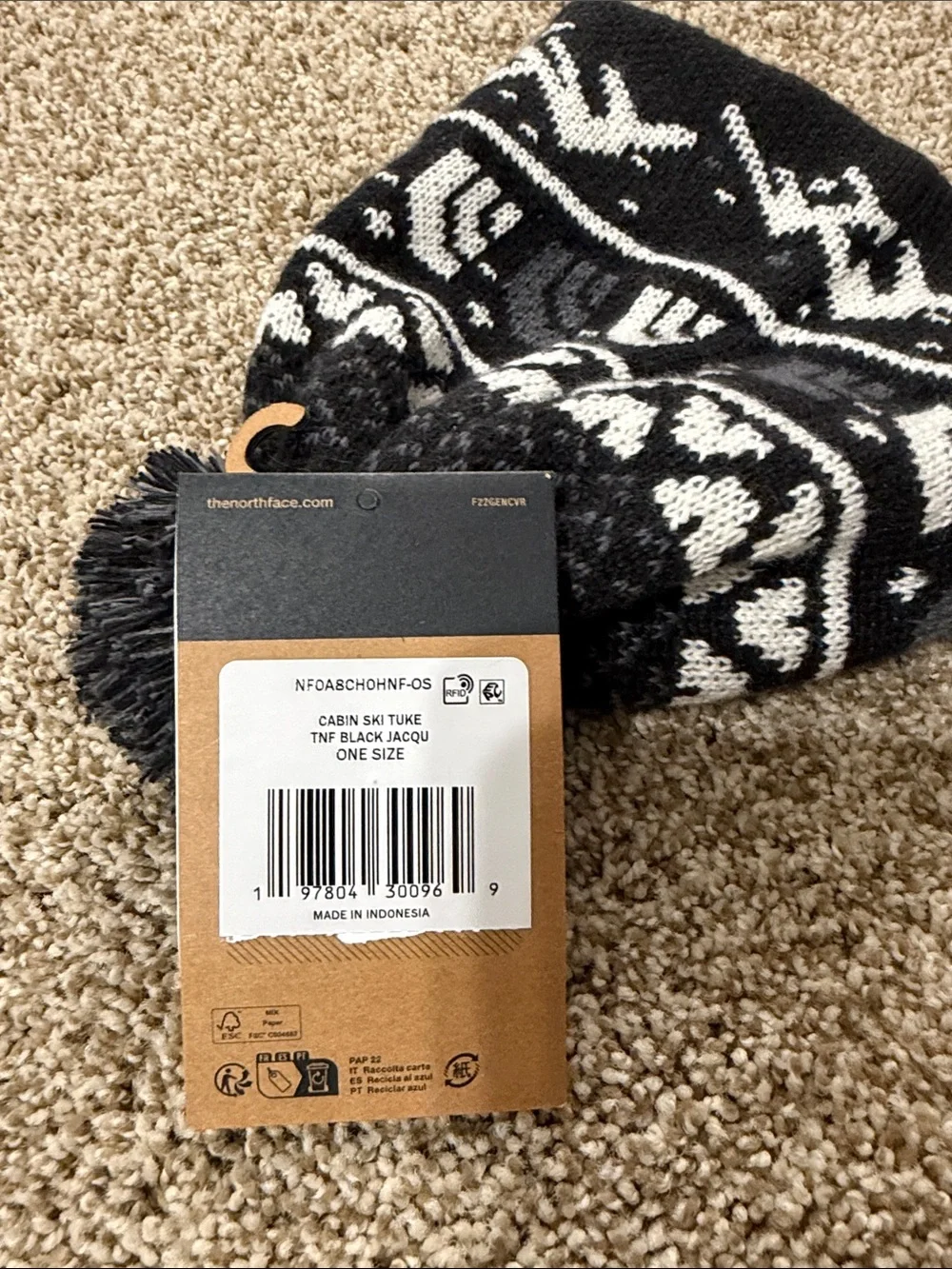 The North Face Kids Black & White Pom-Pom Knit Hat with Mountain & Bear Motif - Picture 2 of 3